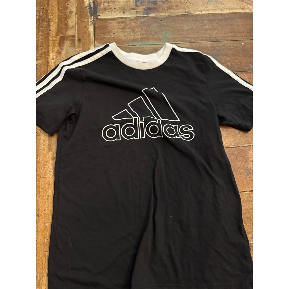 Adidas Boys Black White Stripe Logo Graphic T-Shirt Size M 10/12 Regular Fit